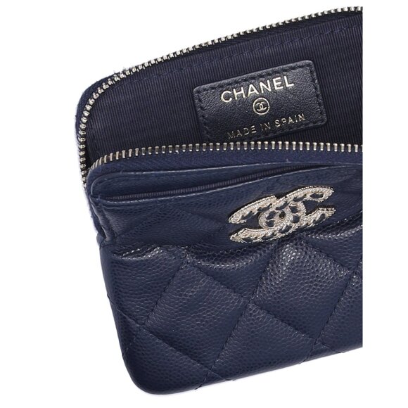 Chanel Caviar Quilted Crystal Zip Card Holder Wallet Navy - Picture 5 of 5